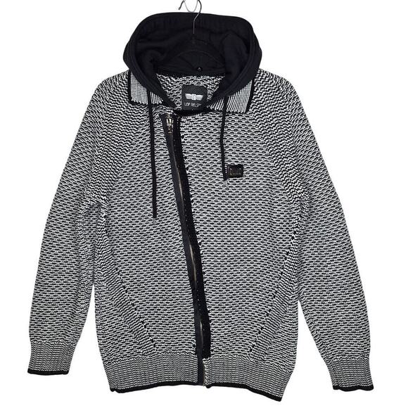 Leif Nelson Mens Sweater Jacket Large Removable Hood Full Zip Black White Collar - Picture 1 of 12